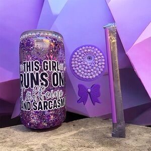 Glitter Purple Tumbler Set - "This Girl Runs on Caffeine and Sarcasm"